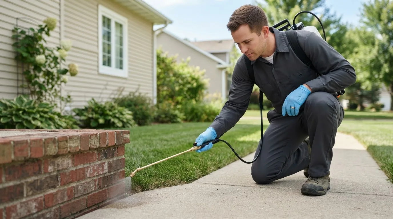 Pest control technician treating a home near Crump, TN
