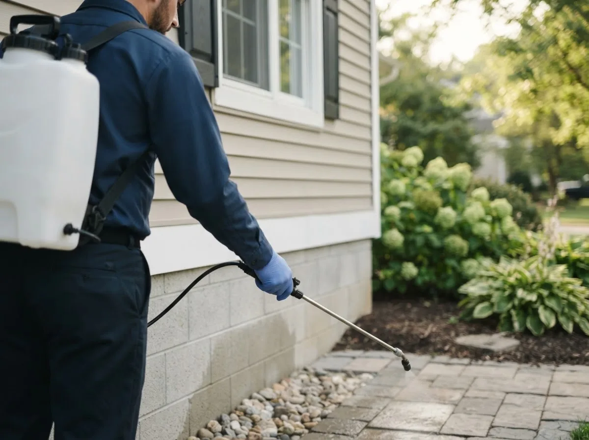 Pest control technician inspecting a home in Crump, TN